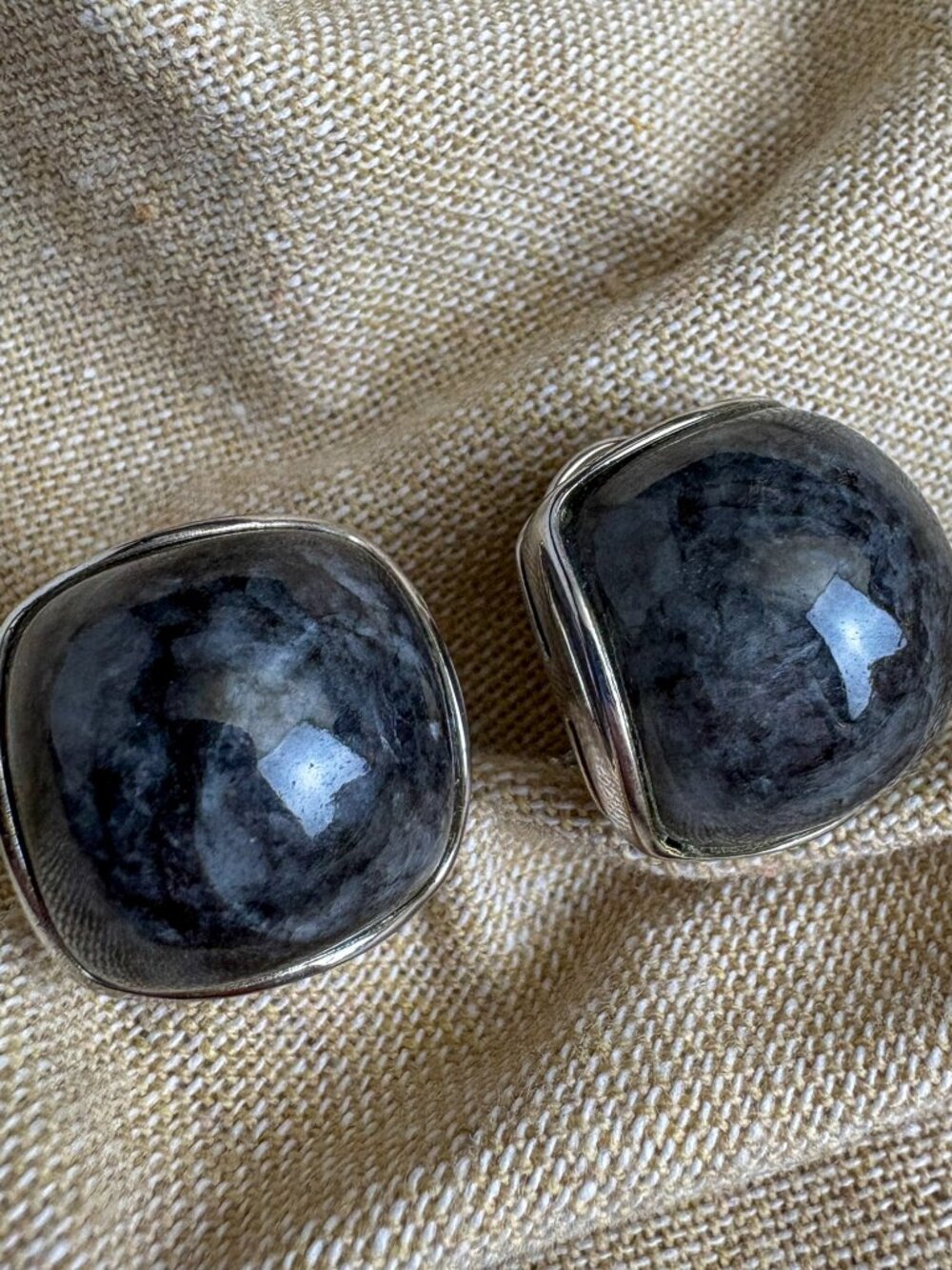 Large Cushion Cut Cabochon Earrings - Grey & Black Marbled Stone - Omega Back